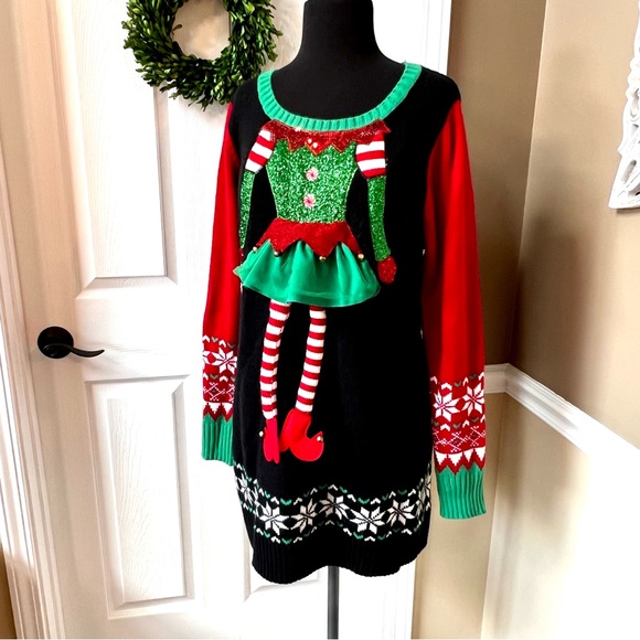 ⭐️ Ugly Christmas Sweater Tunic Girl Elf w/ Tutu and Long Legs Size LARGE - Picture 8 of 15
